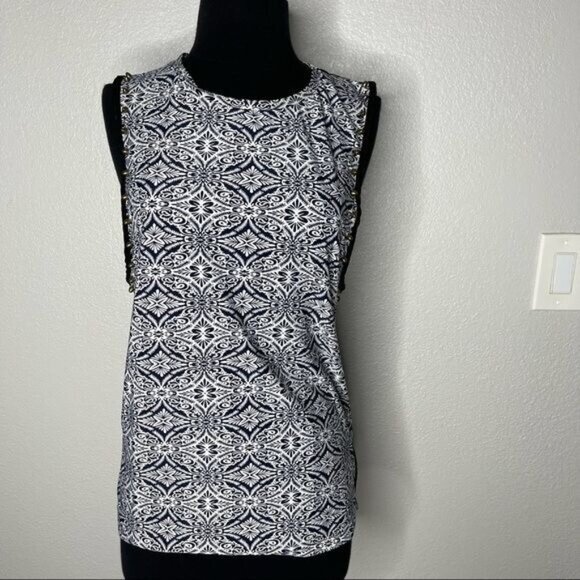 The Hanger Blue White And Black Sleeveless Studded Top Sheer Back Size S - Picture 2 of 11